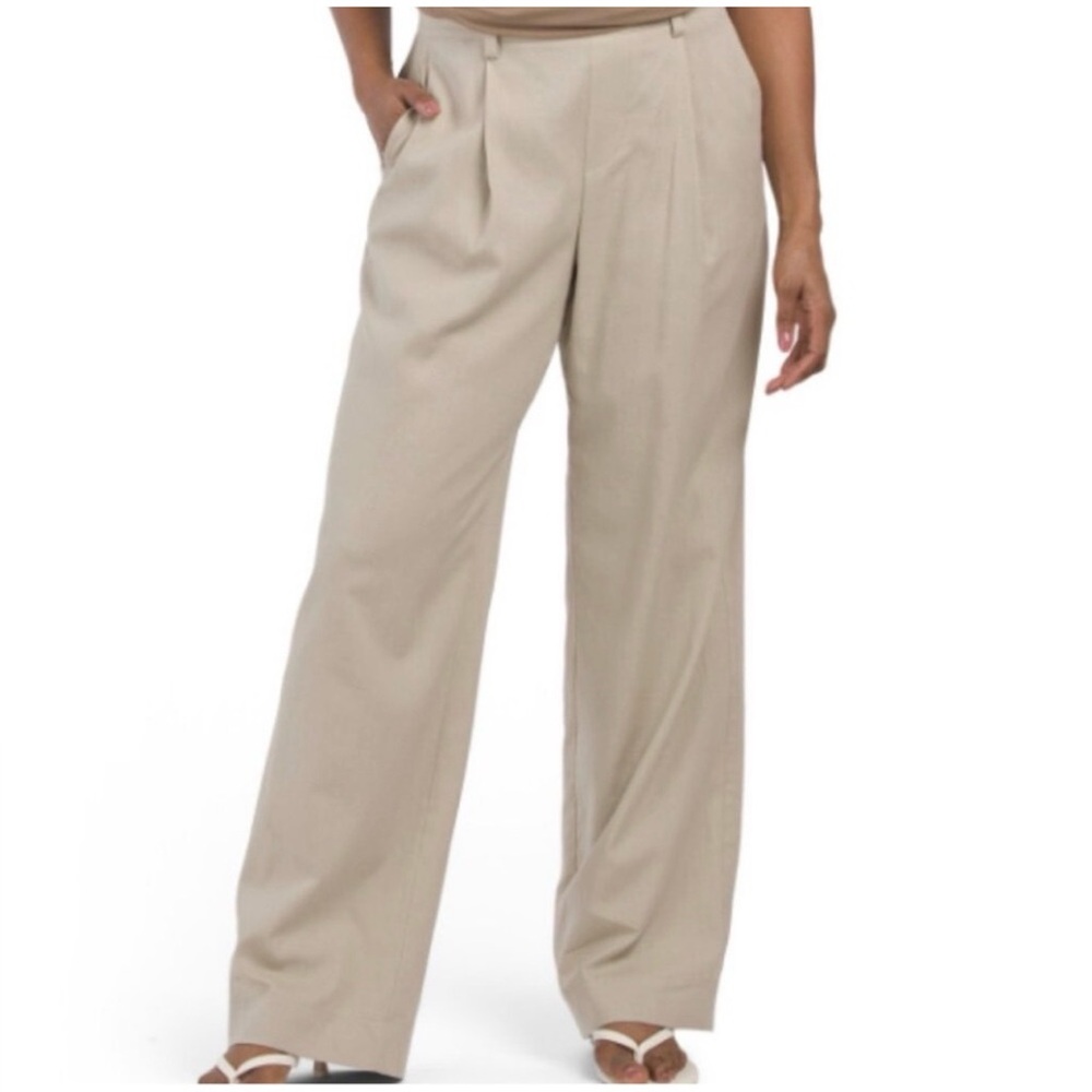 Vince Women’s High Waist Pull-On Stretch Linen Blend Beige Pleated Wide Leg Pant